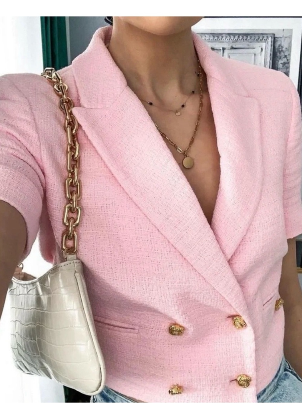 Zara Pink Tweed Double-Breasted Short Sleeve Blazer
